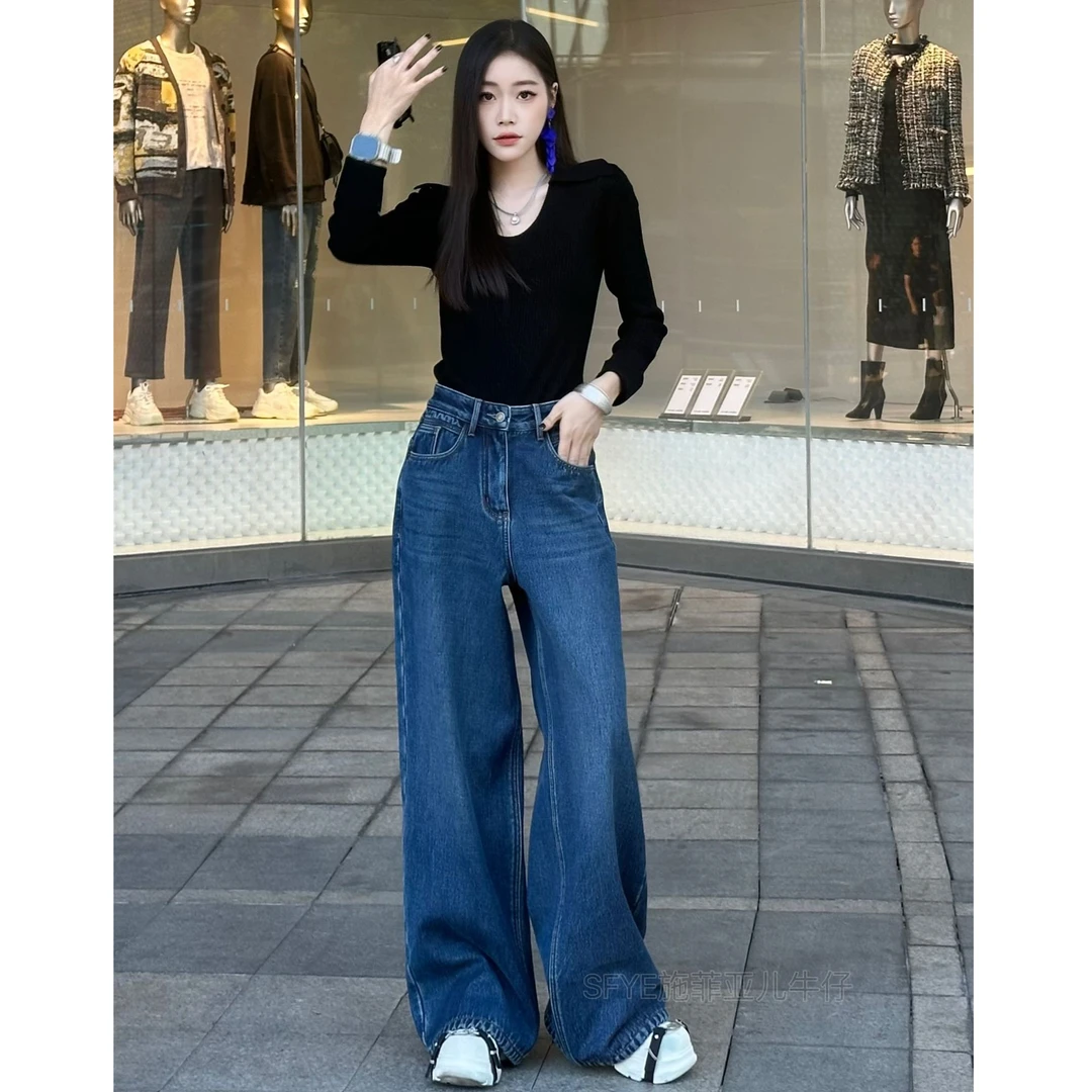 冬季气质红人上新加绒加厚阔腿宽松牛仔裤TN1018复古复古百搭