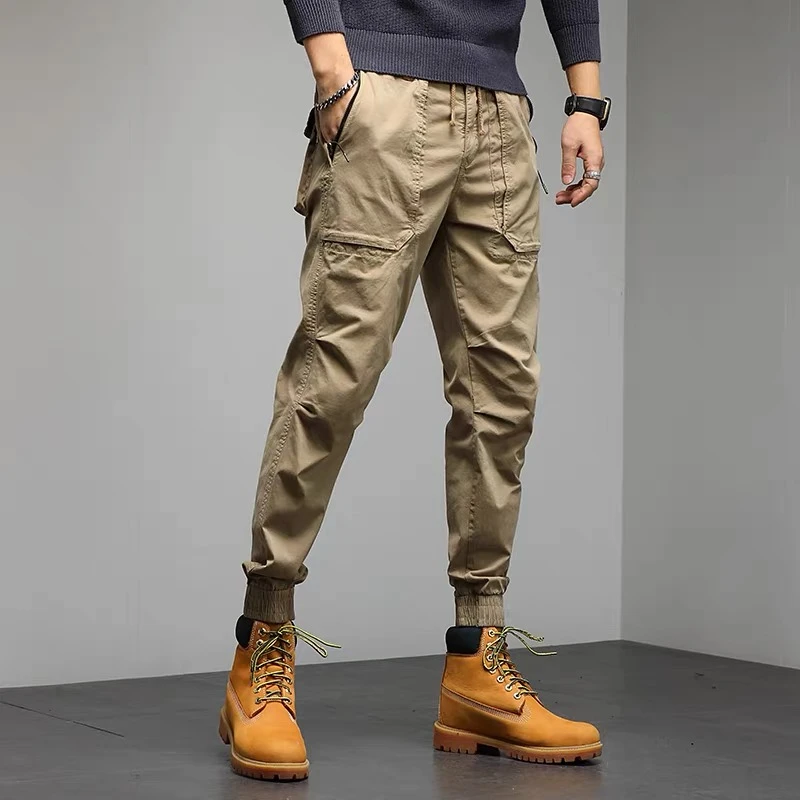 秋冬重磅纯棉加绒加厚百搭新款工装裤男束脚休闲裤阿美咔叽复古风