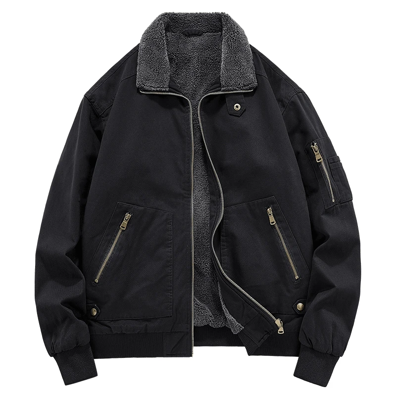 羊羔绒外套男冬季休闲百搭水洗工装翻领加绒加厚夹克棉服