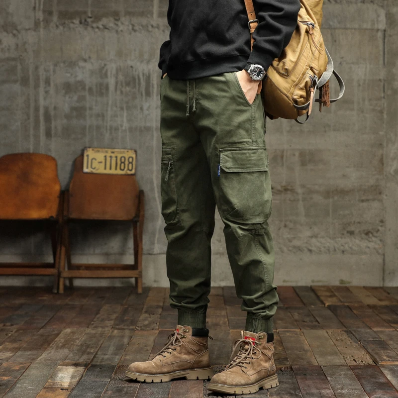 2023年秋冬款重磅复古工装迷彩潮流大码工装裤束脚休闲裤做旧军绿