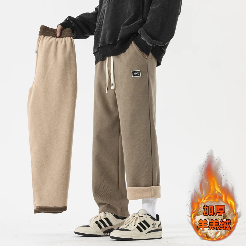 营路仕秋冬季灯芯绒休闲裤子男直筒卫裤加绒加厚羊羔绒裤子保暖纯