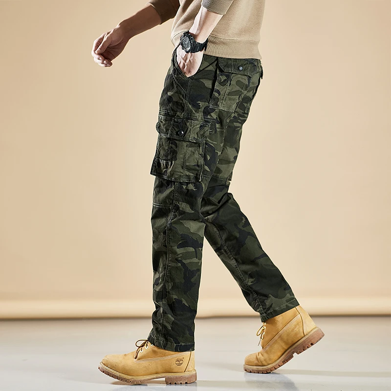 迷彩工装裤男欧美大码宽松直筒多袋休闲裤纯棉透气户外运动长裤子