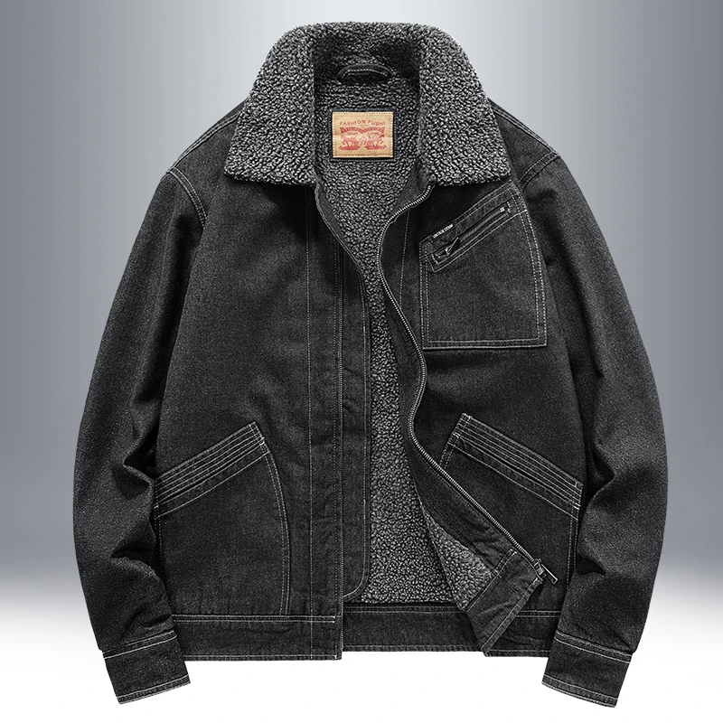 羊羔绒外套男冬季加绒加厚休闲百搭牛仔翻领中青年复古水洗夹克棉