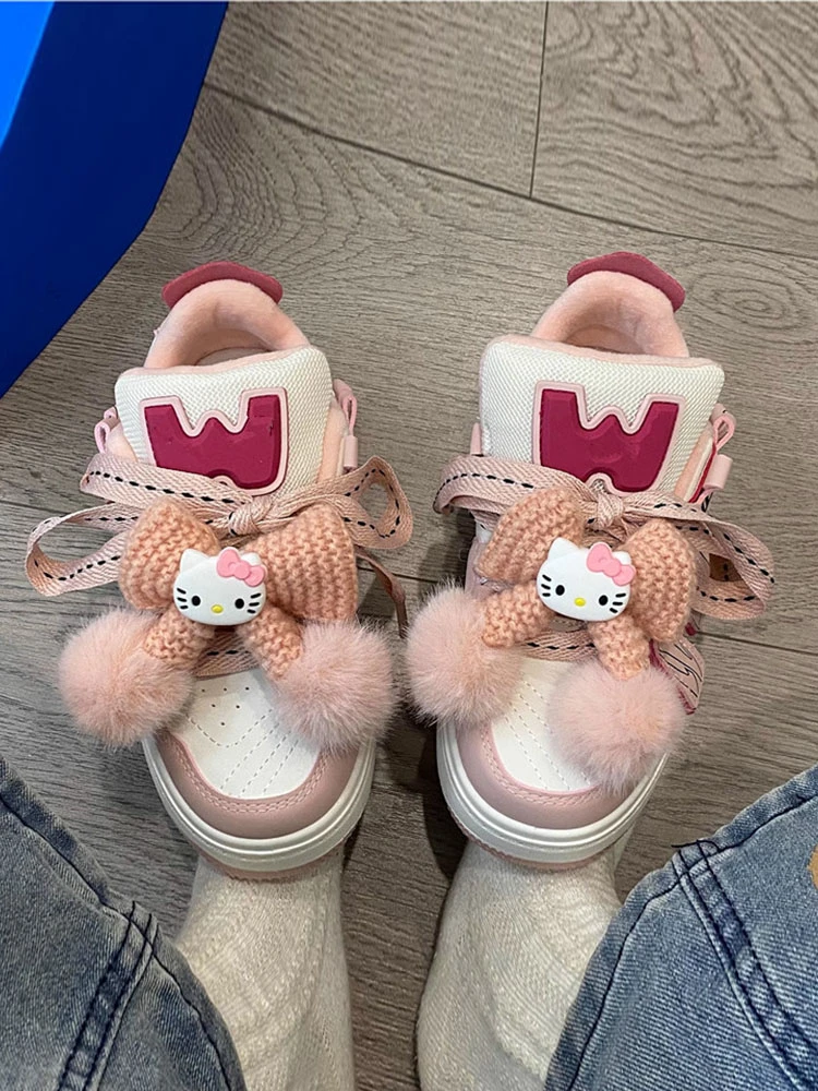 小众爆改粉色Kitty丑萌面包鞋女2025年新款夏季厚底百搭小白鞋