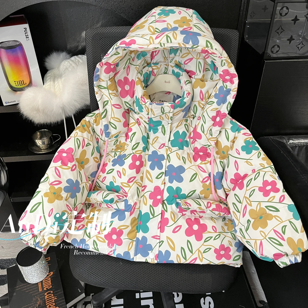 〖ANDI〗订制冬款女童中大童彩色花朵连帽保暖羽绒服2977