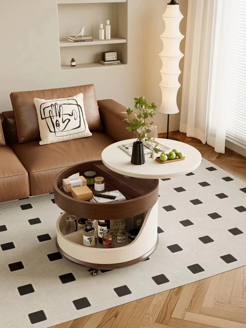 可移动岩板茶几多功能法式复古客厅实木可升降储物沙发边几小推车