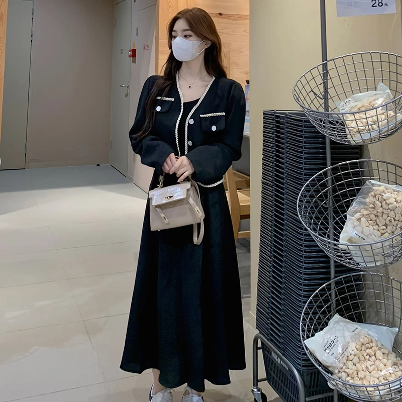 胖妹妹气质小香风套装名媛显瘦洋气外套上衣纯色吊带长裙