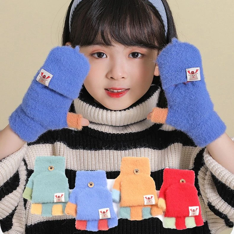 4-10岁儿童翻盖半指手套冬季男女童加厚毛绒保暖手套小孩写字手套