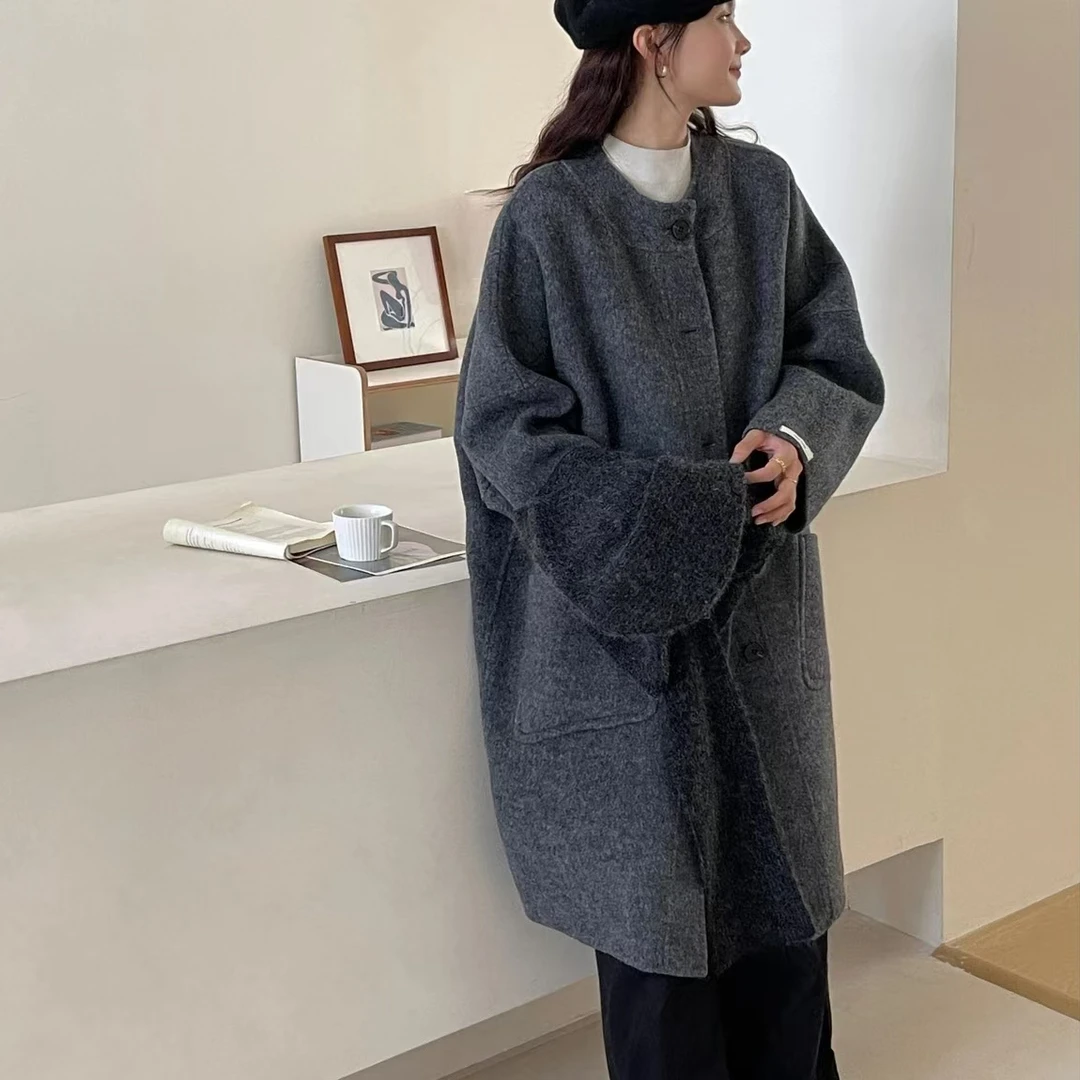 韩版圆领气质轻奢绵羊毛骆驼绒双面呢大衣中长款毛呢外套秋冬款