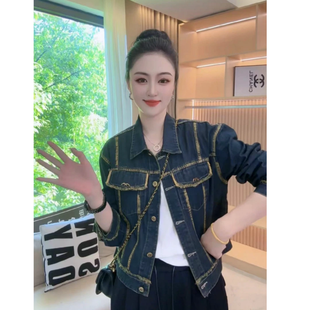 【文文】秋装港风复古做旧毛边牛仔外套女时尚新款宽松百搭夹克上衣