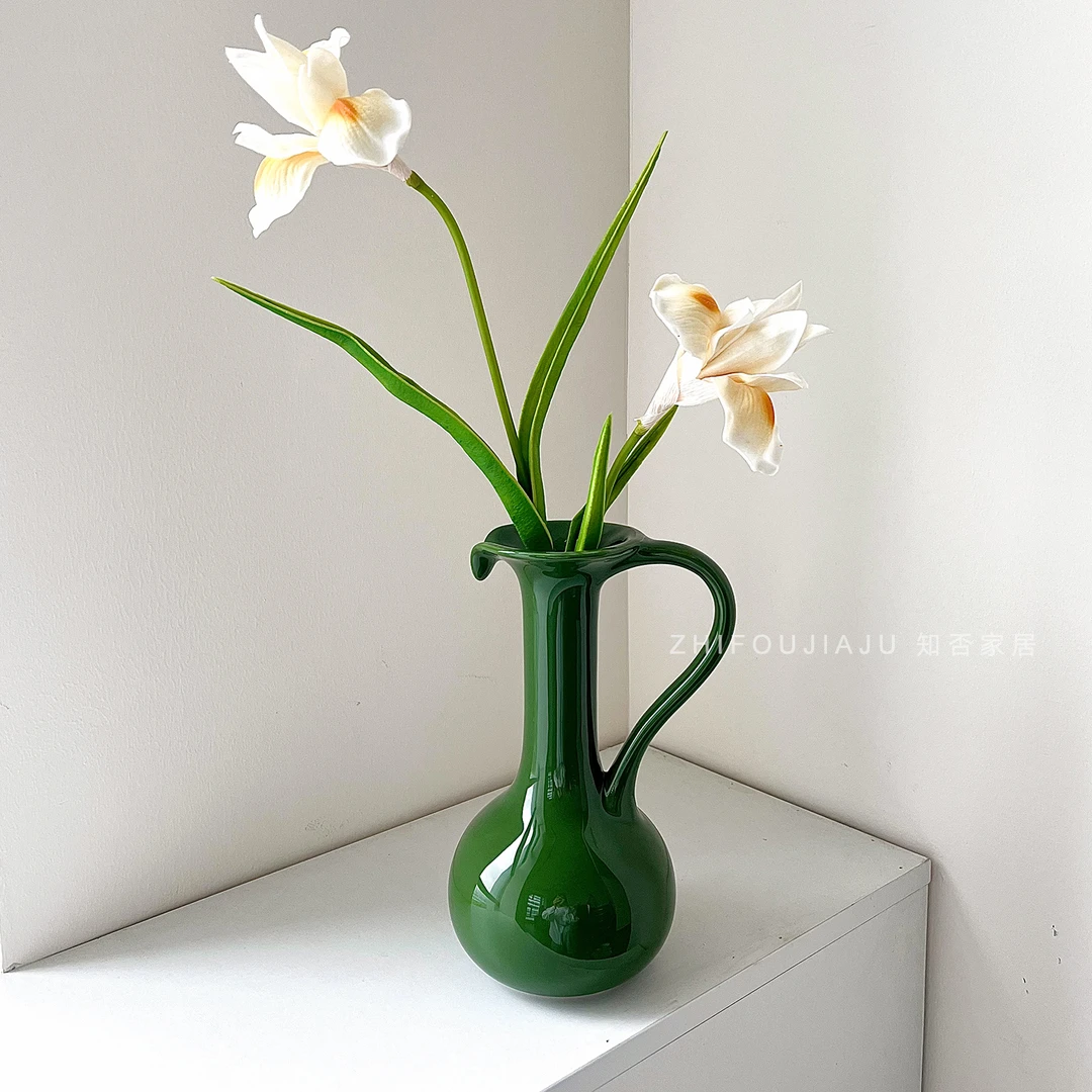 单耳复古绿陶瓷花瓶高级感天鹅颈花器仿真花装饰摆件客厅插花设计