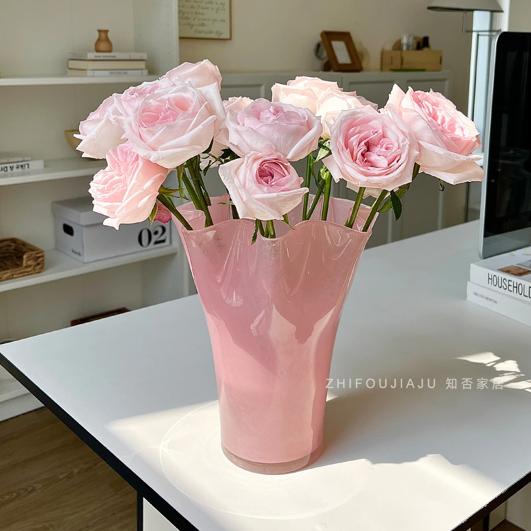 樱花粉白菜中古琉璃芬顿花瓶客厅摆件少女心花器水养鲜花装饰品