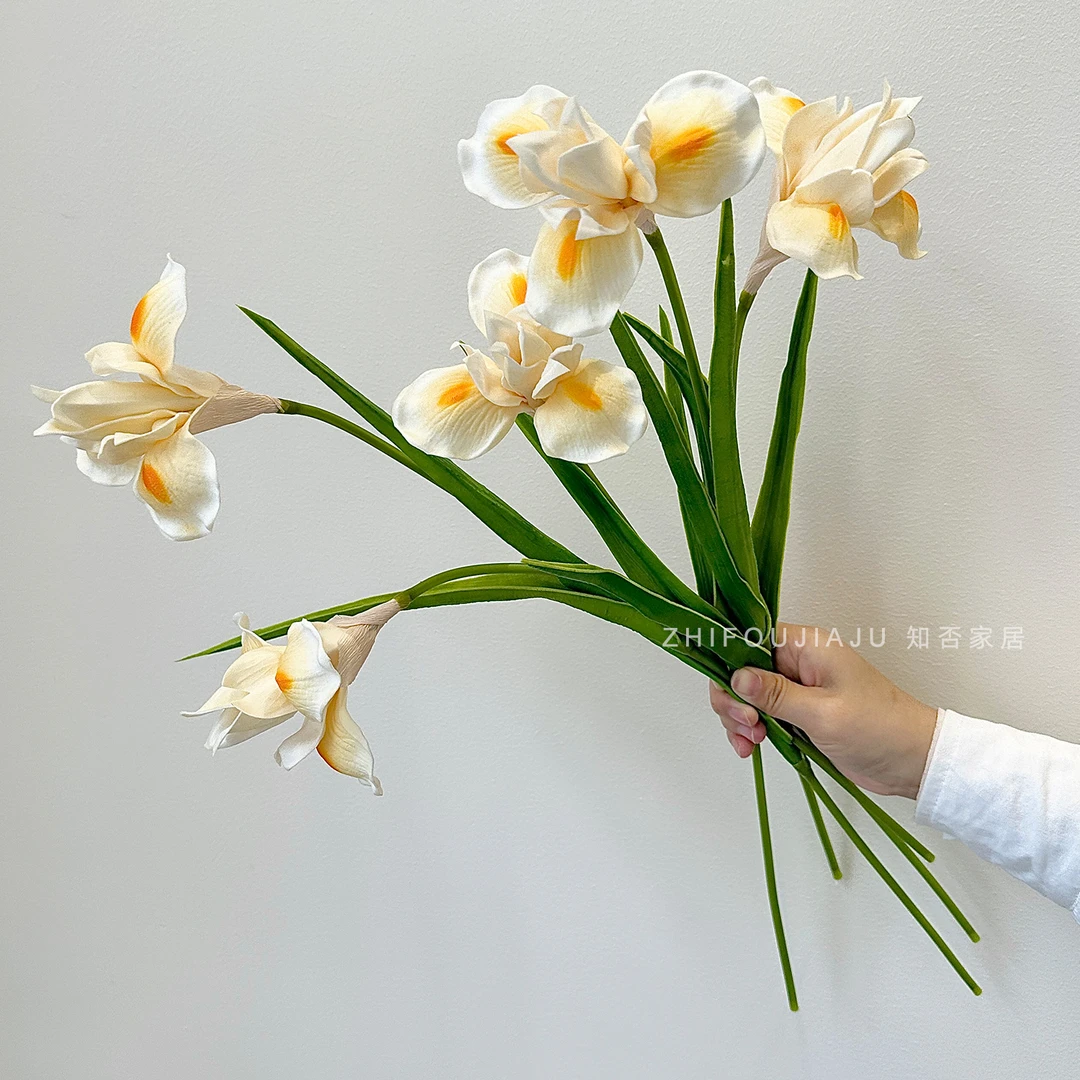 油画鸢尾仿真花黄色香槟色假花鸢尾花保湿手感软装假花客厅装饰品