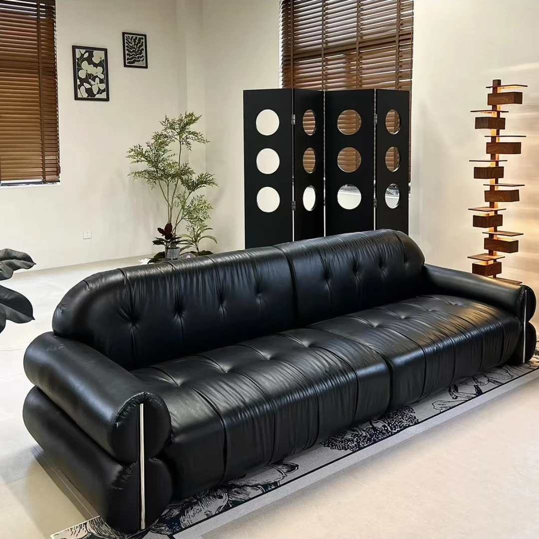 黑糖云朵 法式复古皮质客厅小户型轻奢仿牛皮古风意式黑色直排