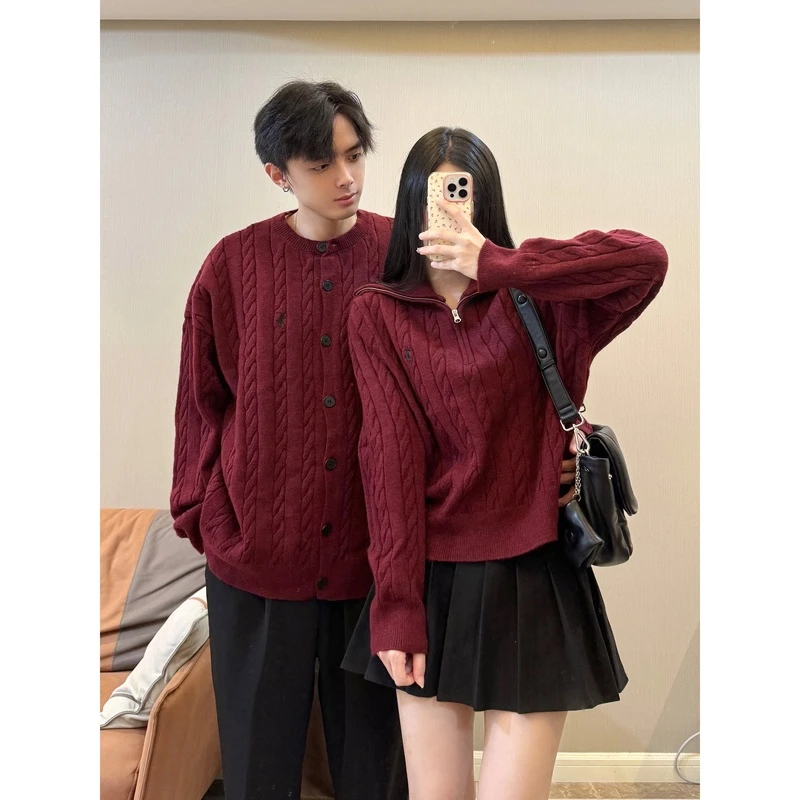 情侣装秋冬季新款毛衣新年圣诞红色慵懒风女套头针织衫男开衫外套