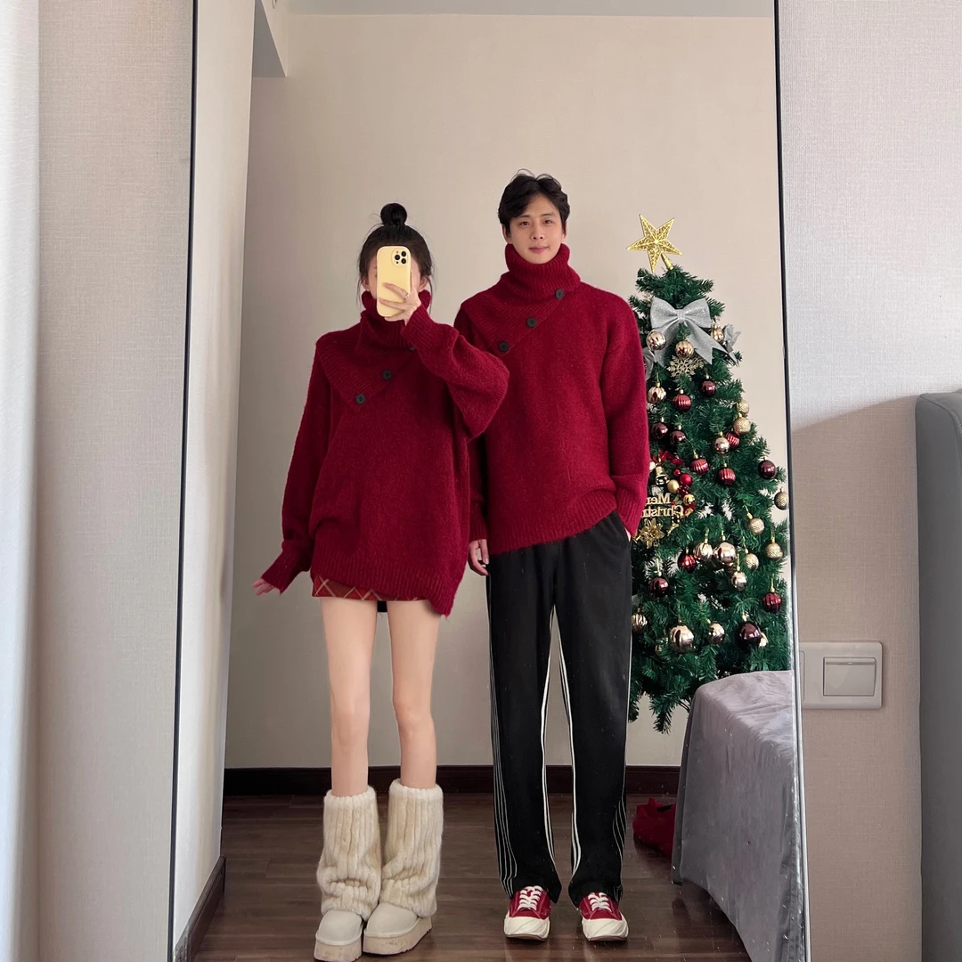 情侣装秋冬季新款超火圣诞红色毛衣连衣裙一男一女韩版法式针织衫