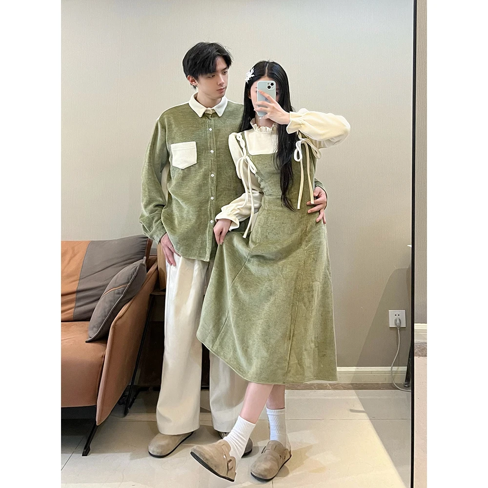 复古情侣装2024秋冬连衣裙ins潮流长袖灯芯绒气质显瘦长裙男衬衫