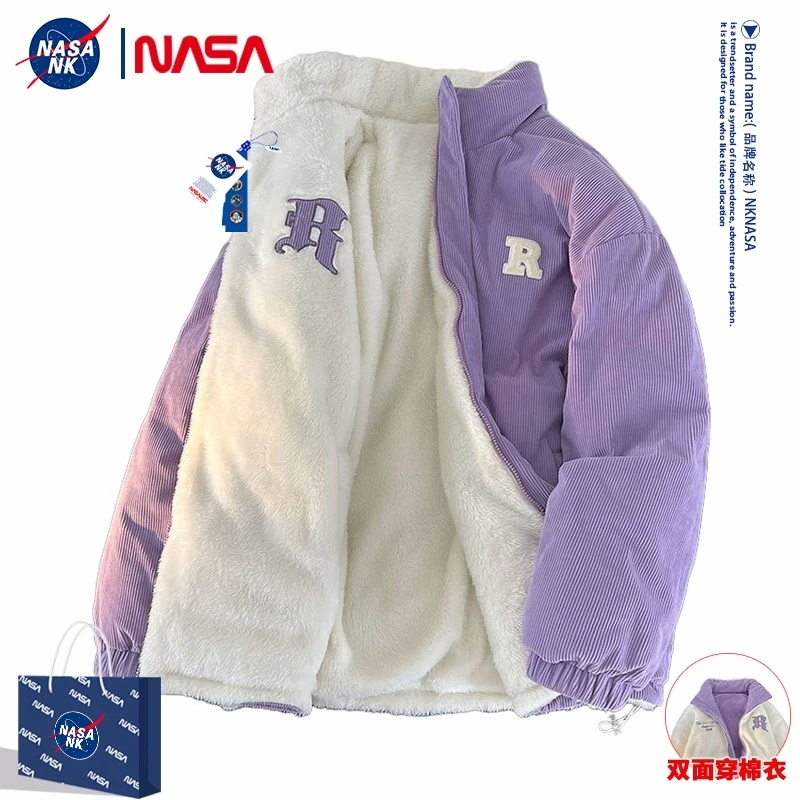 NASA联名户外保暖加绒棉衣外套男冬季双面穿加厚灯芯绒棉服情侣款