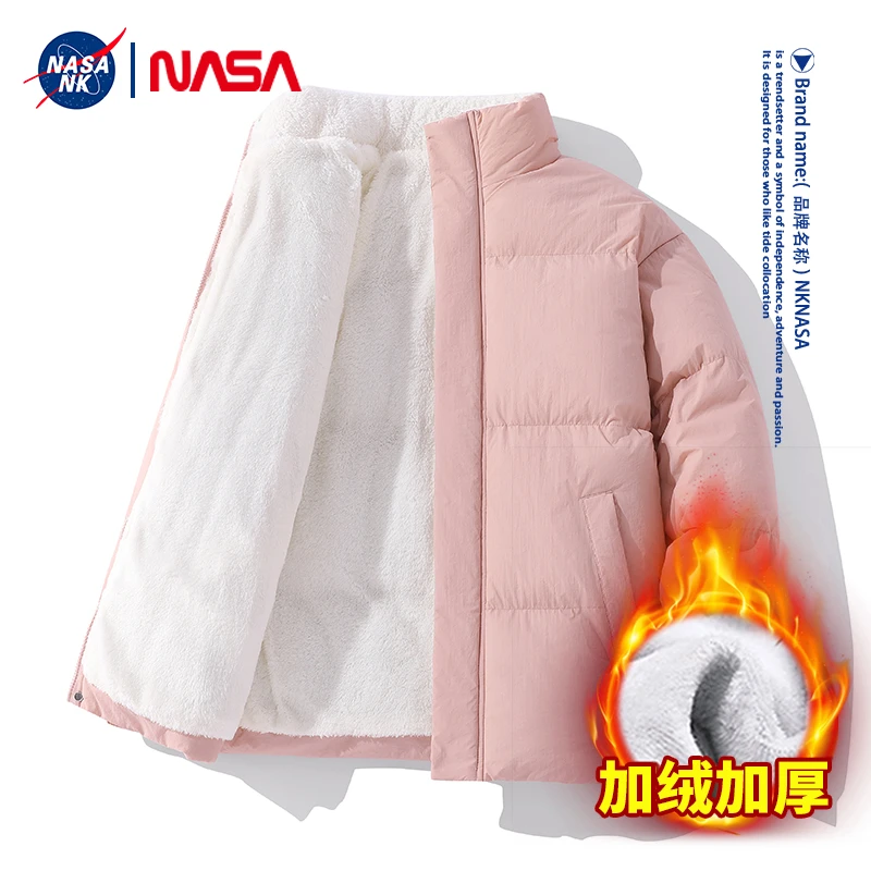 NASA联名户外运动加绒加厚保暖棉服男冬立领宽松羊羔绒防寒棉袄女