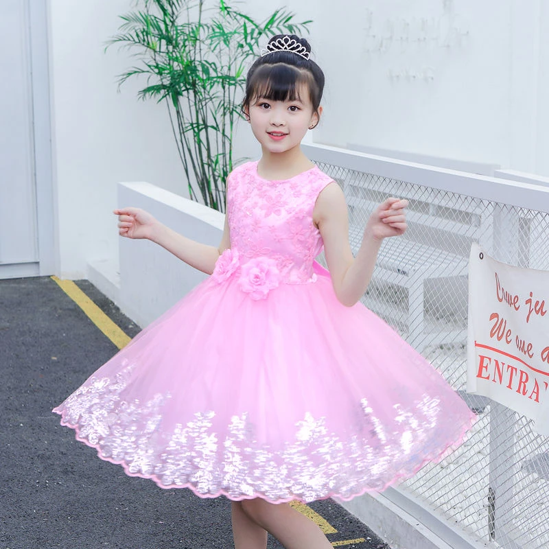 女童连衣裙2023夏新款女孩两朵花金边下摆公主裙中大童演出礼服裙