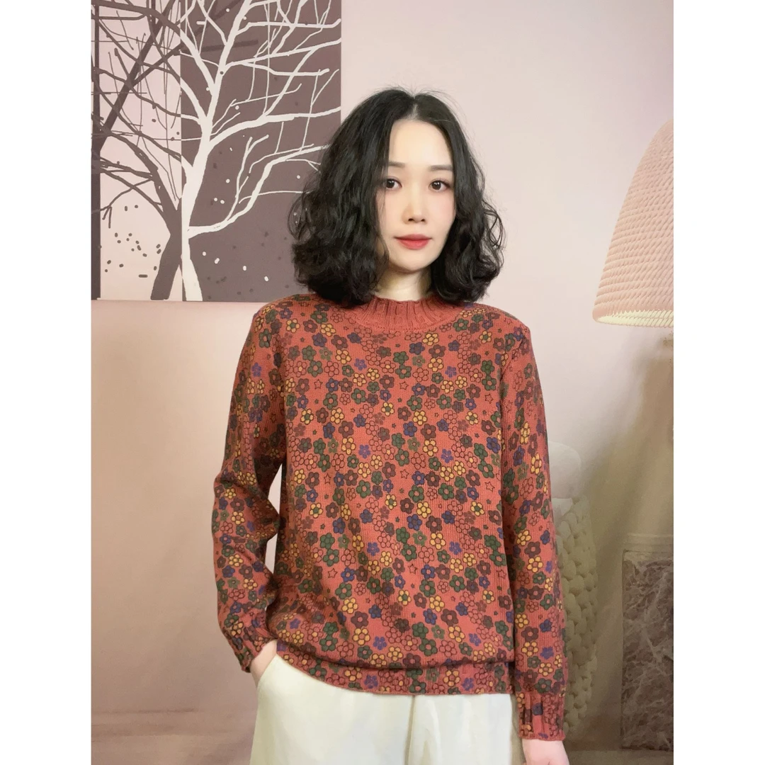 返潮复印花半高领棉线针织毛衣显宽松时尚洋气休闲套头上衣复古