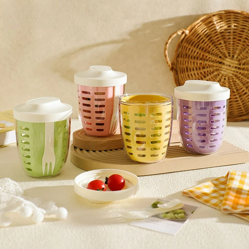 水果杯双层沥水杯带叉子便携式野餐盒大容量收纳盒密封防漏沙拉盒