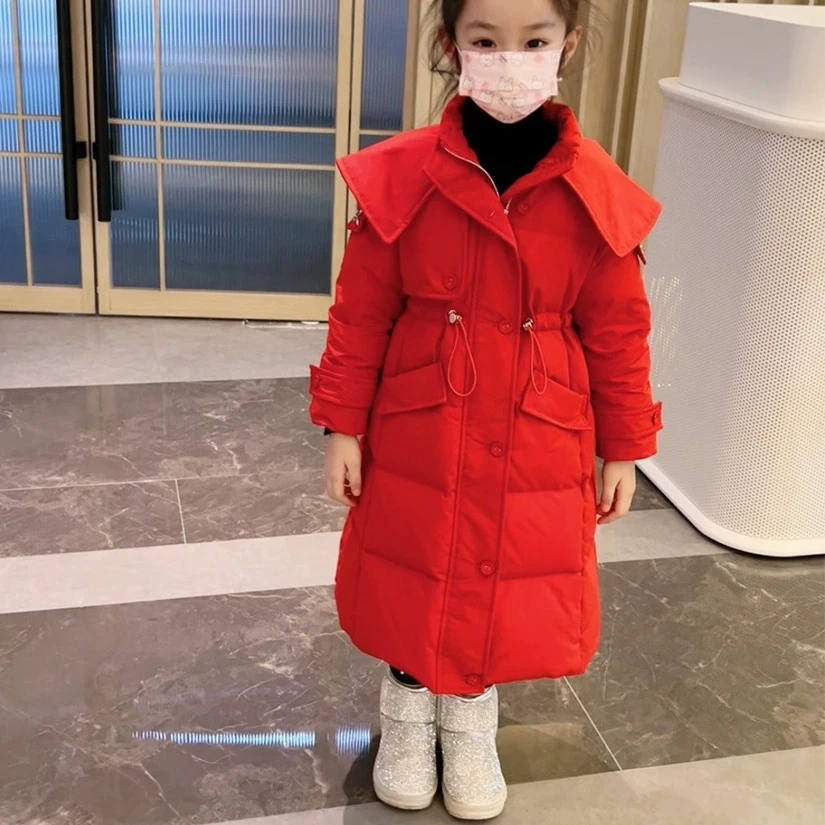 女童长款收腰过膝棉服女孩纯色棉袄2023新款时尚加厚保暖加绒棉衣
