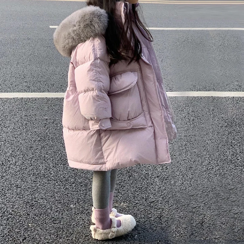 女童冬装洋气大毛领连帽棉服儿童中长款棉衣2023新款加厚保暖外套