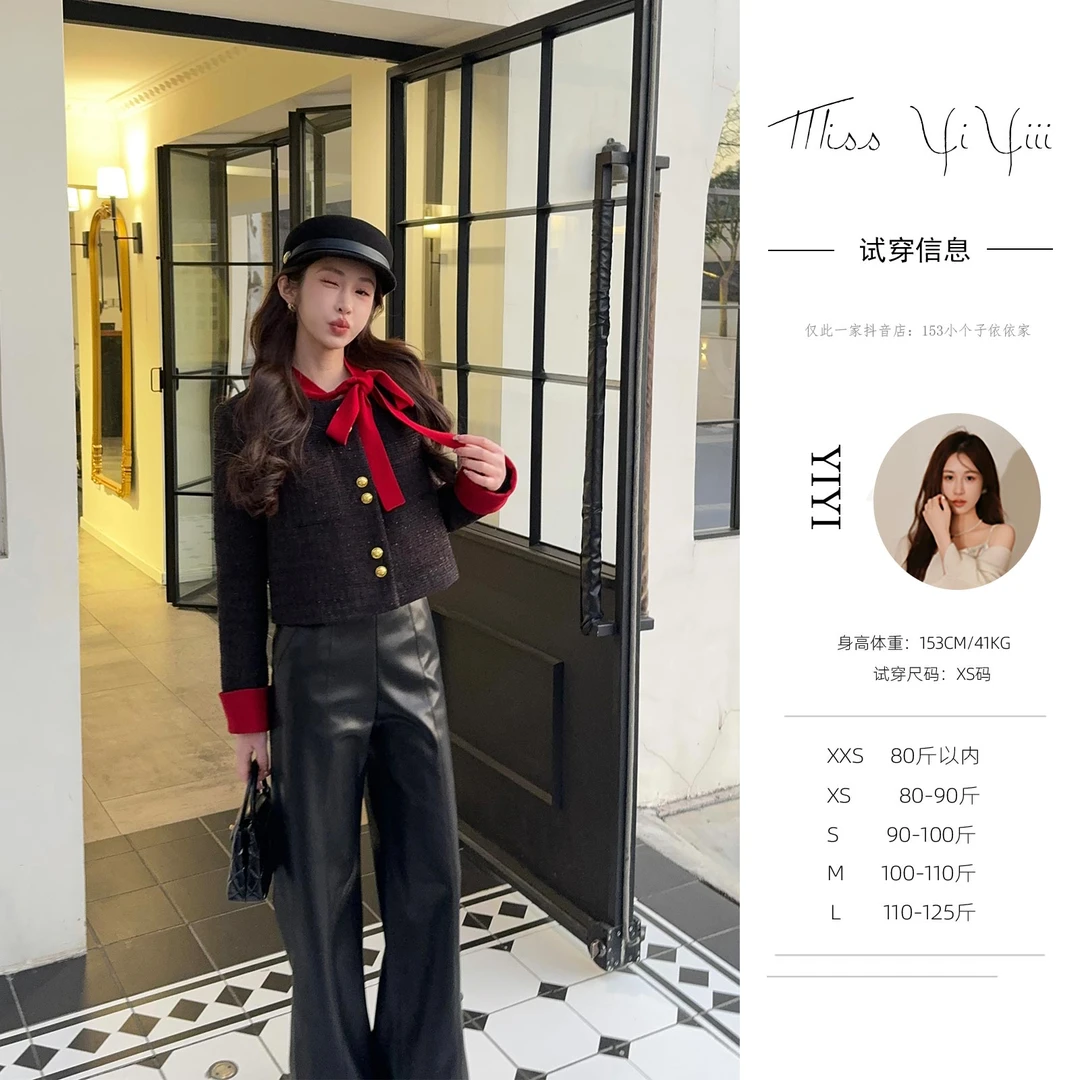 【绯红特调】<YiYiii>黑红撞色小香风羽绒外套设计感飘带针织衫