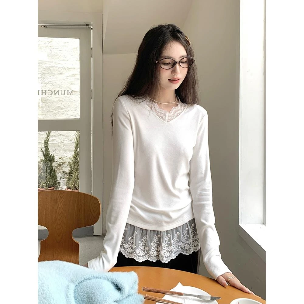 复古温柔风甜美设计小众高级感蕾丝花边内搭叠穿打底衫长袖上衣女