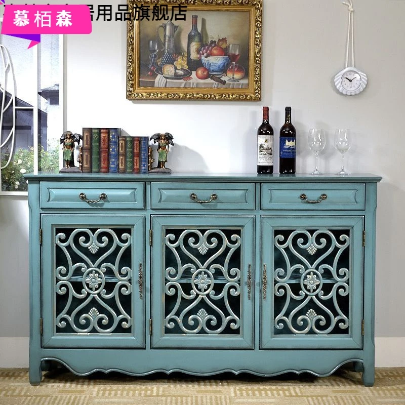 美式餐边柜实木镂空超薄鞋柜复古玄关柜客厅隔断一体彩绘橱餐具柜