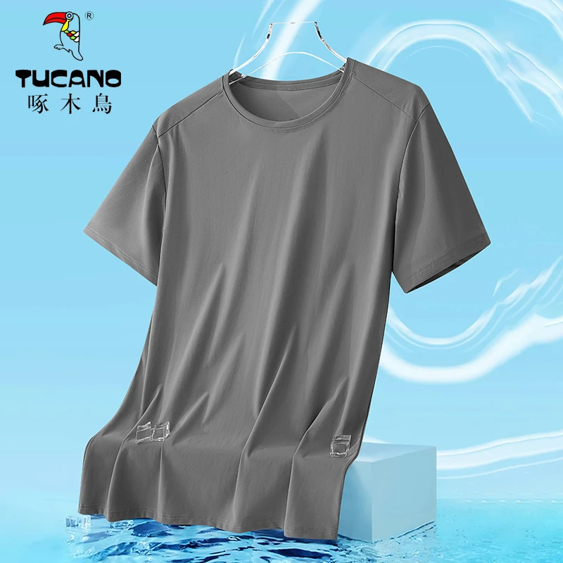 啄木鳥夏季休闲运动宽松弹力速干上衣薄款情侣款轻薄圆领冰感短袖