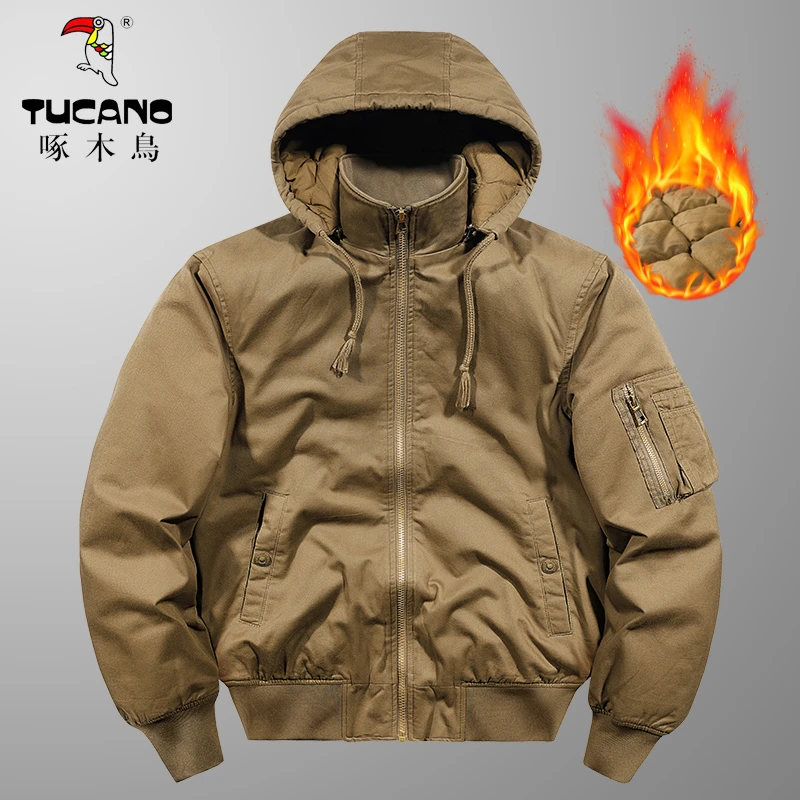 啄木鳥秋冬加厚棉衣休闲保暖连帽大码男棉服防风大码工装夹克外套