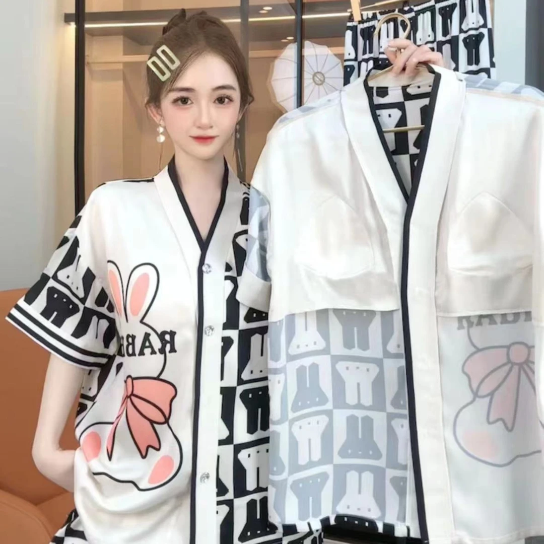 比蒂高定【胸垫款黑白兔三件套】2023薄款睡衣套装夏季时尚家居服