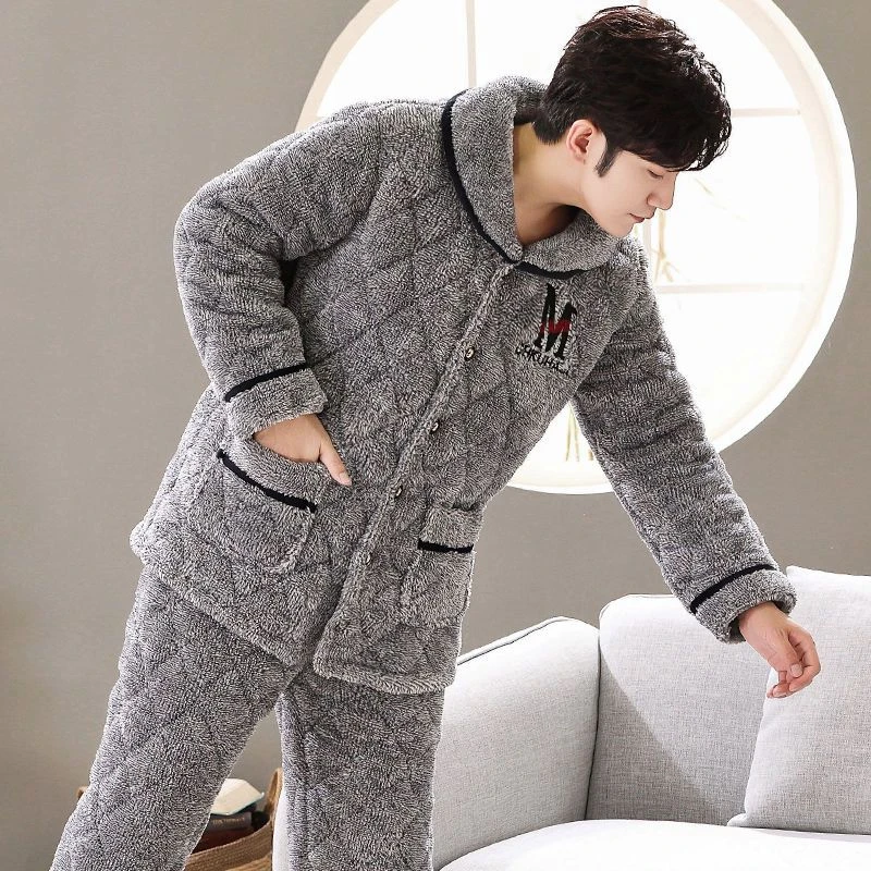 浪莎男士睡衣男冬季法兰绒夹棉睡衣珊瑚绒三层加厚冬天家居服棉袄