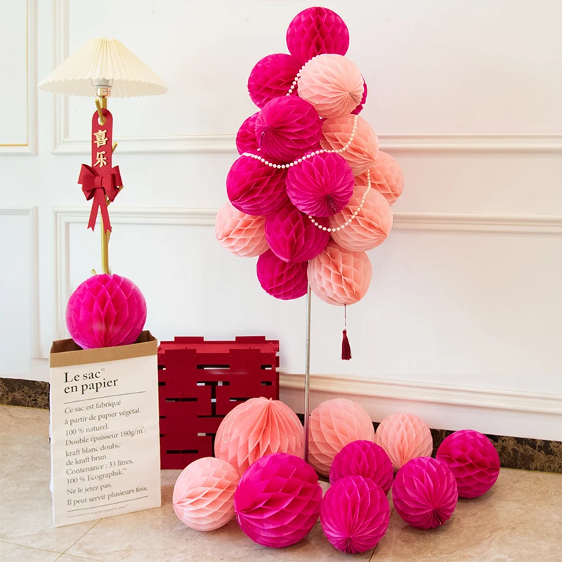 蜂窝球立柱结婚装饰地飘路引红色纸灯笼桌飘婚房布置装扮纸拉花