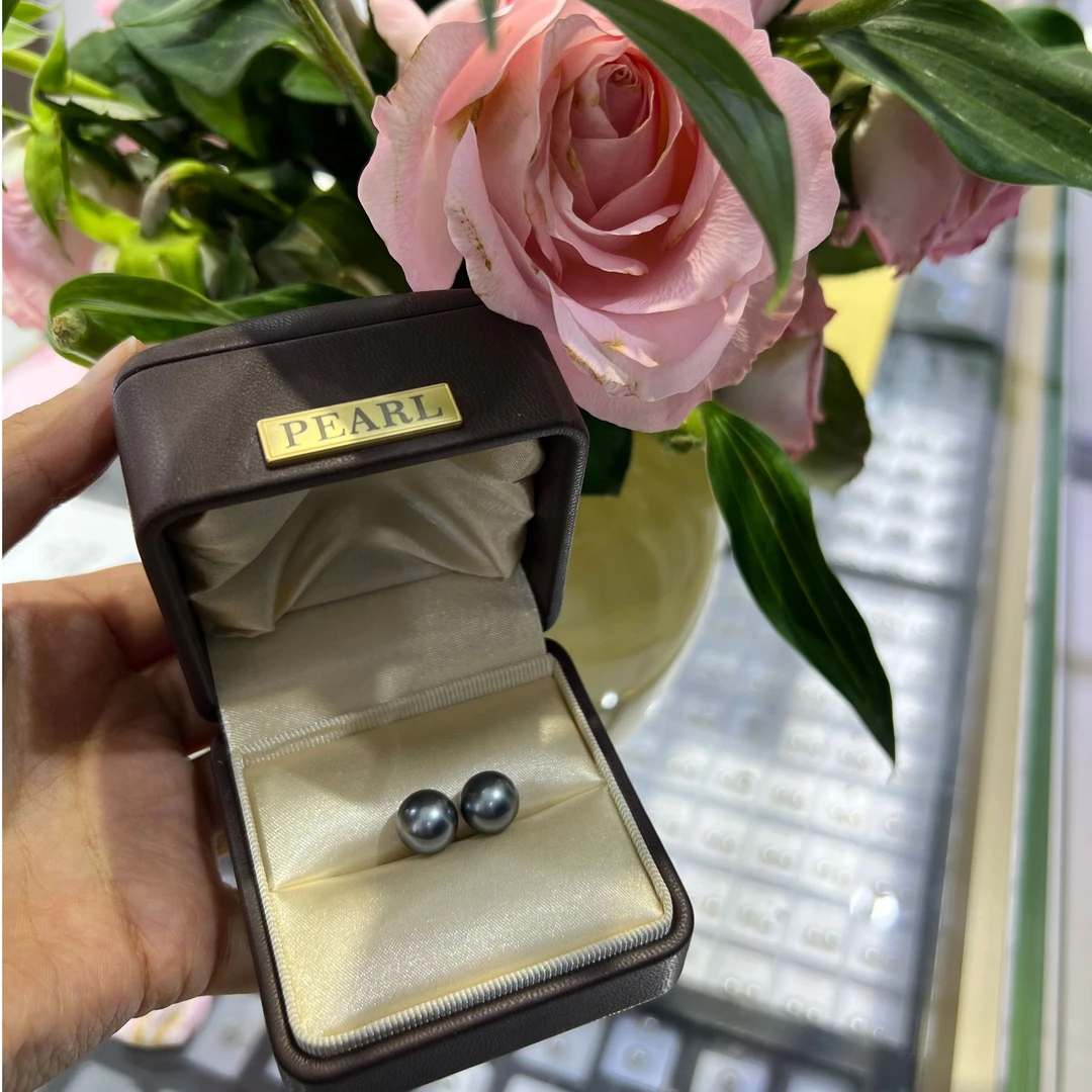 天然海水珍珠  大溪地铂金灰9-10mm耳钉+18K金针