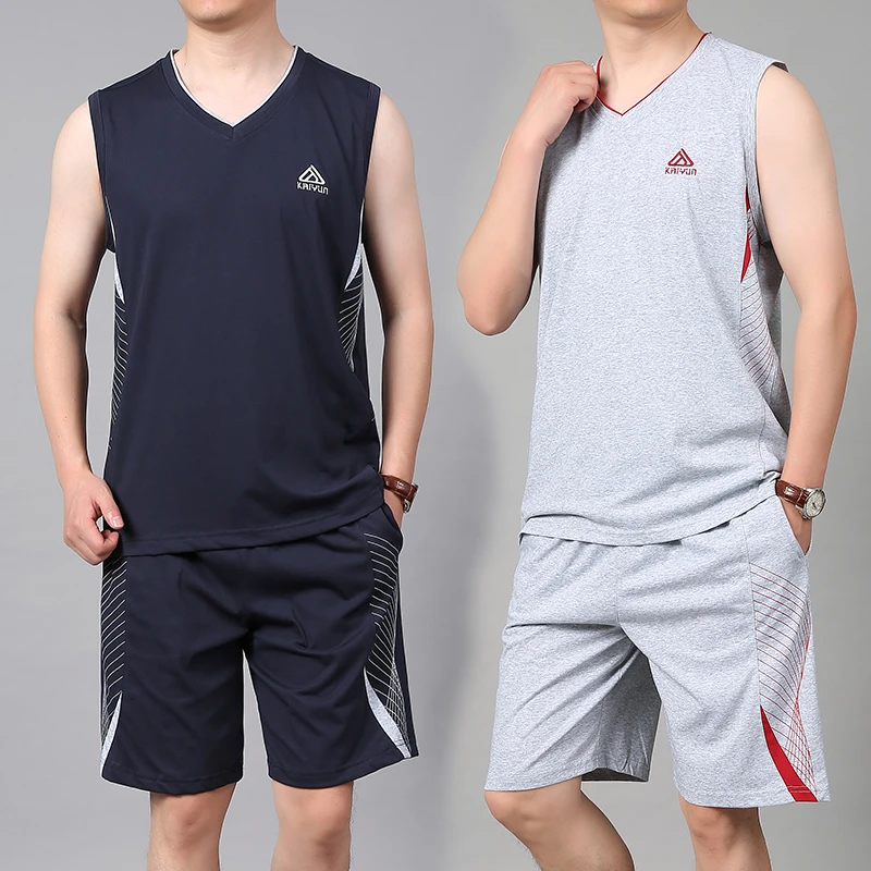 男士V领无袖背心套装夏季薄款宽松大码透气健身跑步运动服两件套