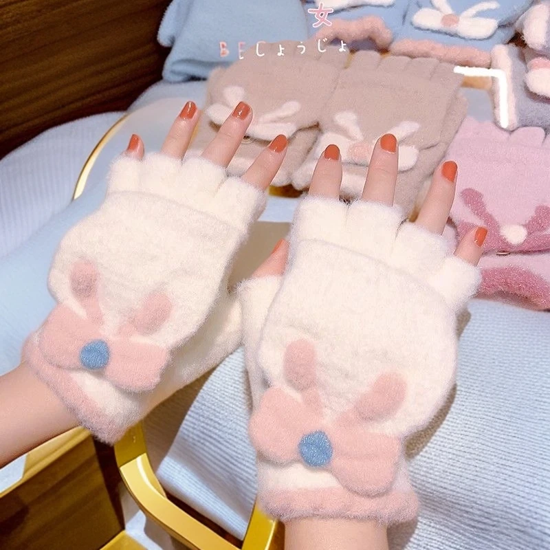 韩版少女心手套冬女生可爱露指毛线加绒保暖防寒女孩半指翻盖手套