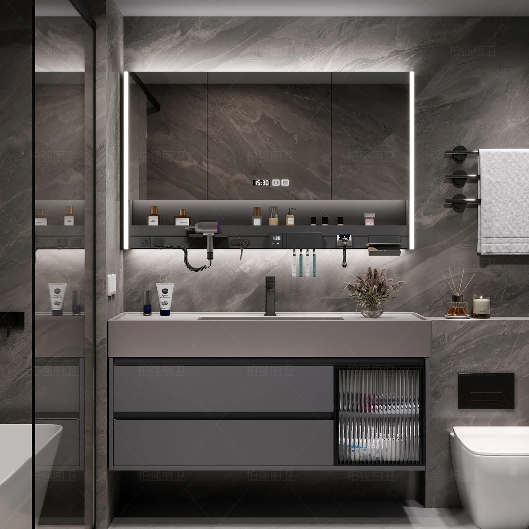 豪华美妆用品储物收纳架灰实木环保耐用镜面加热快速除雾挡水边