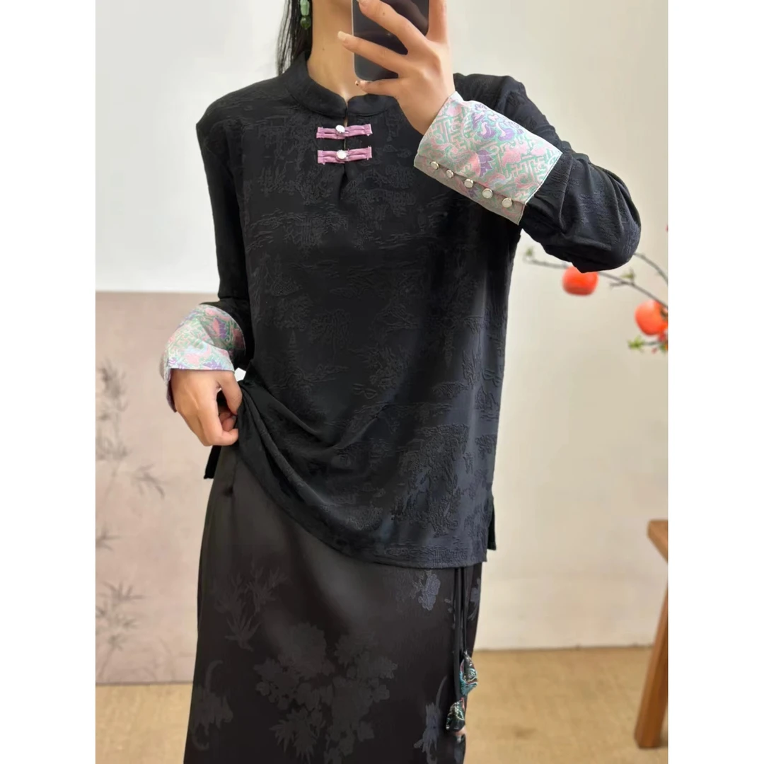 复古提花改良版新中式上衣女春新款文艺百搭禅意茶服衬衫