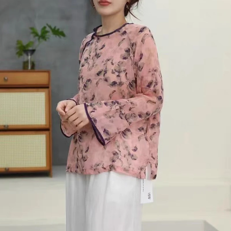 复古盘扣苎麻内里包边印花长袖衬衫女文艺宽松百搭显瘦国风上衣