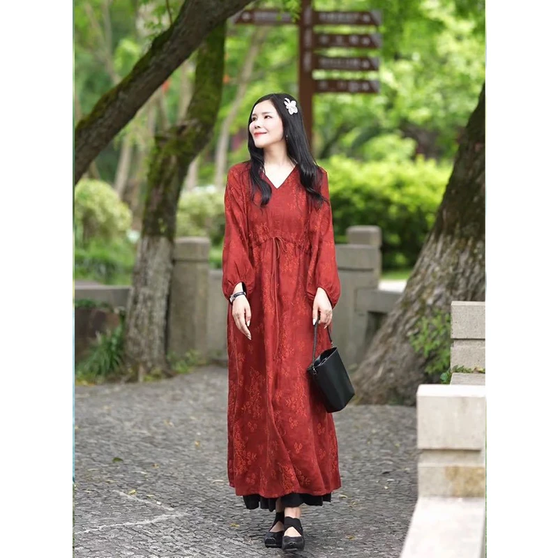 92031晓莲~早秋砂洗纯亚麻重工满袖腰间抽绳设计连衣裙