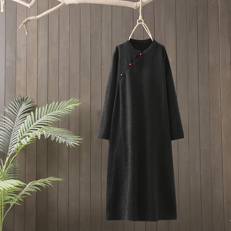 复古棉麻提花珠扣立领改良版连衣裙女秋新款长袖斜襟百搭中式长裙