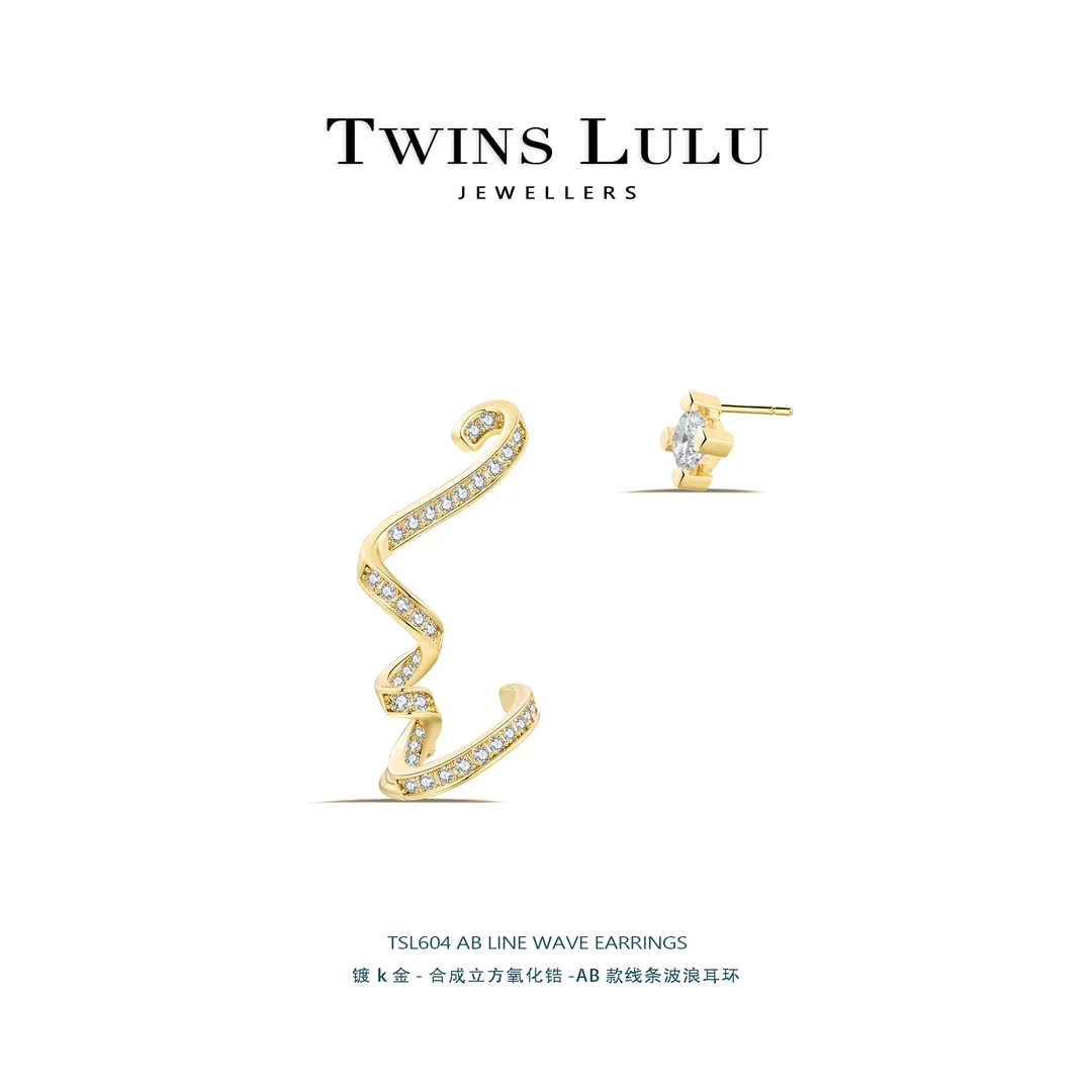 铜合金合成锆石耳饰 春日花花几何线条不对称耳夹TSL604