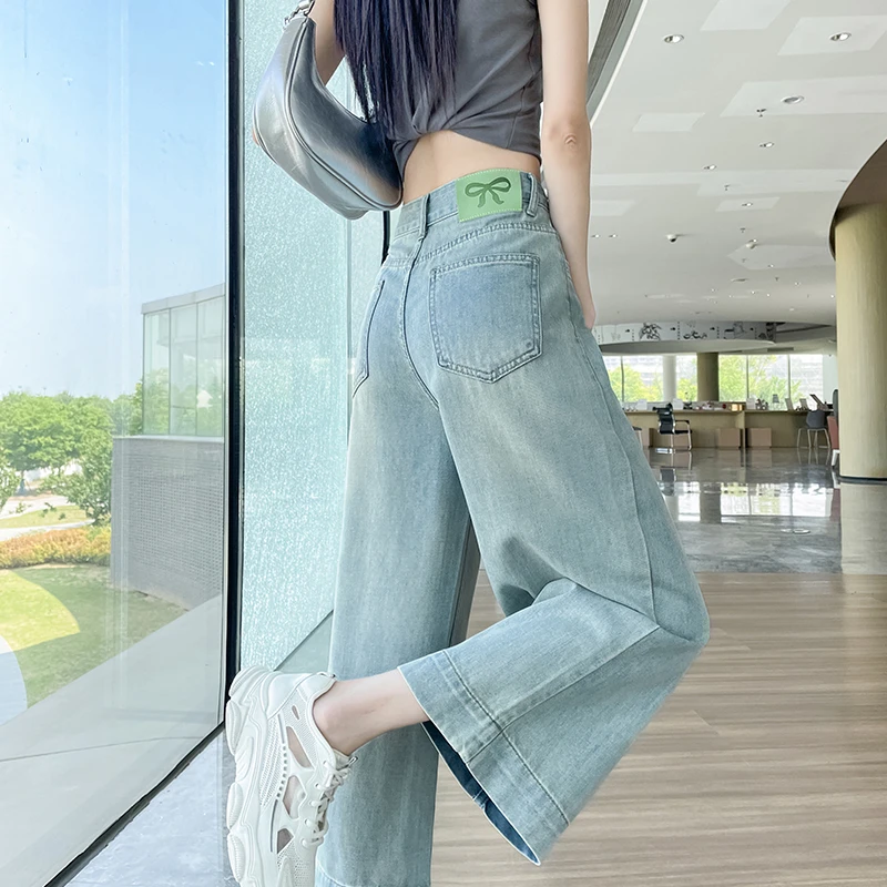 阔腿牛仔裤女小个子八分奶奶裤夏季薄款高腰显瘦宽松九分直筒裤子