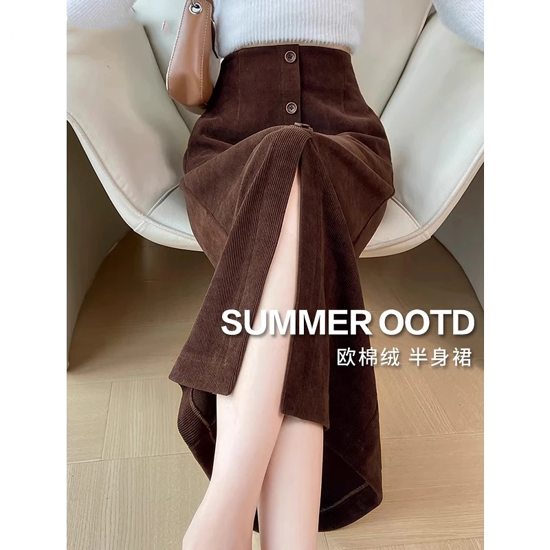 爆款春秋半身裙女新款复古风时尚开叉中长裙高腰排扣灯芯绒包臀裙