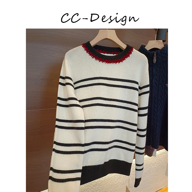CAICAI-【线条】100绵羊毛手工缝线条纹秋冬圆领针织衫毛衣女007124