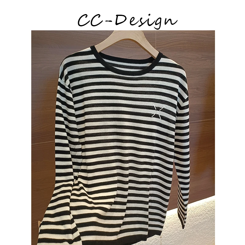 CAICAI-【小吉条纹】桑蚕丝羊毛混纺软糯条纹宽松针织衫女114004