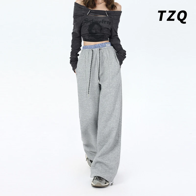 灰色春季新款设计感抽绳拼接阔腿裤休闲裤女垂感拖地裤 TZQ100513